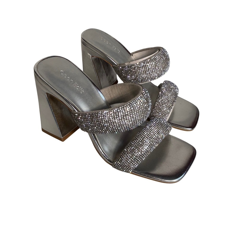 Crystal-Embellished Silver Block Heel Sandals